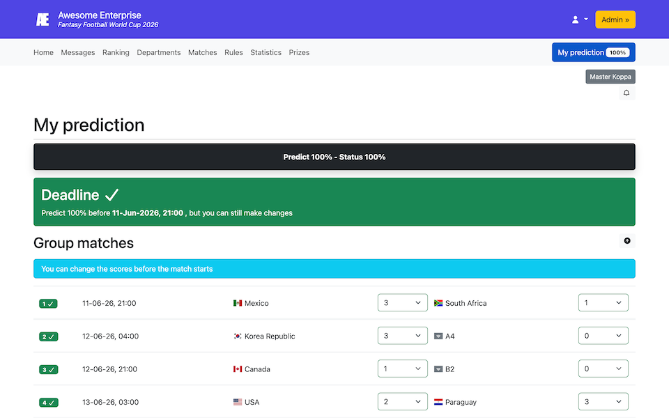 Pantalla del juego de pronósticos