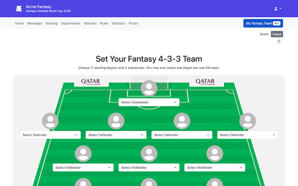Pantalla de selección de equipo